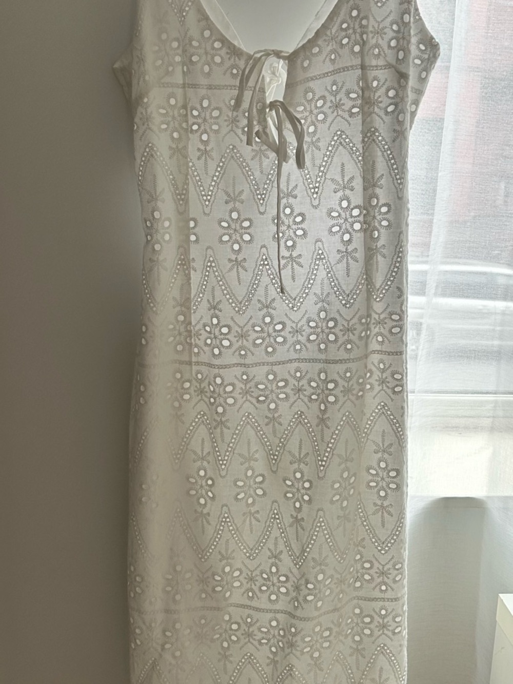 White Eyelet Lace Midi Dress with Tie Neck